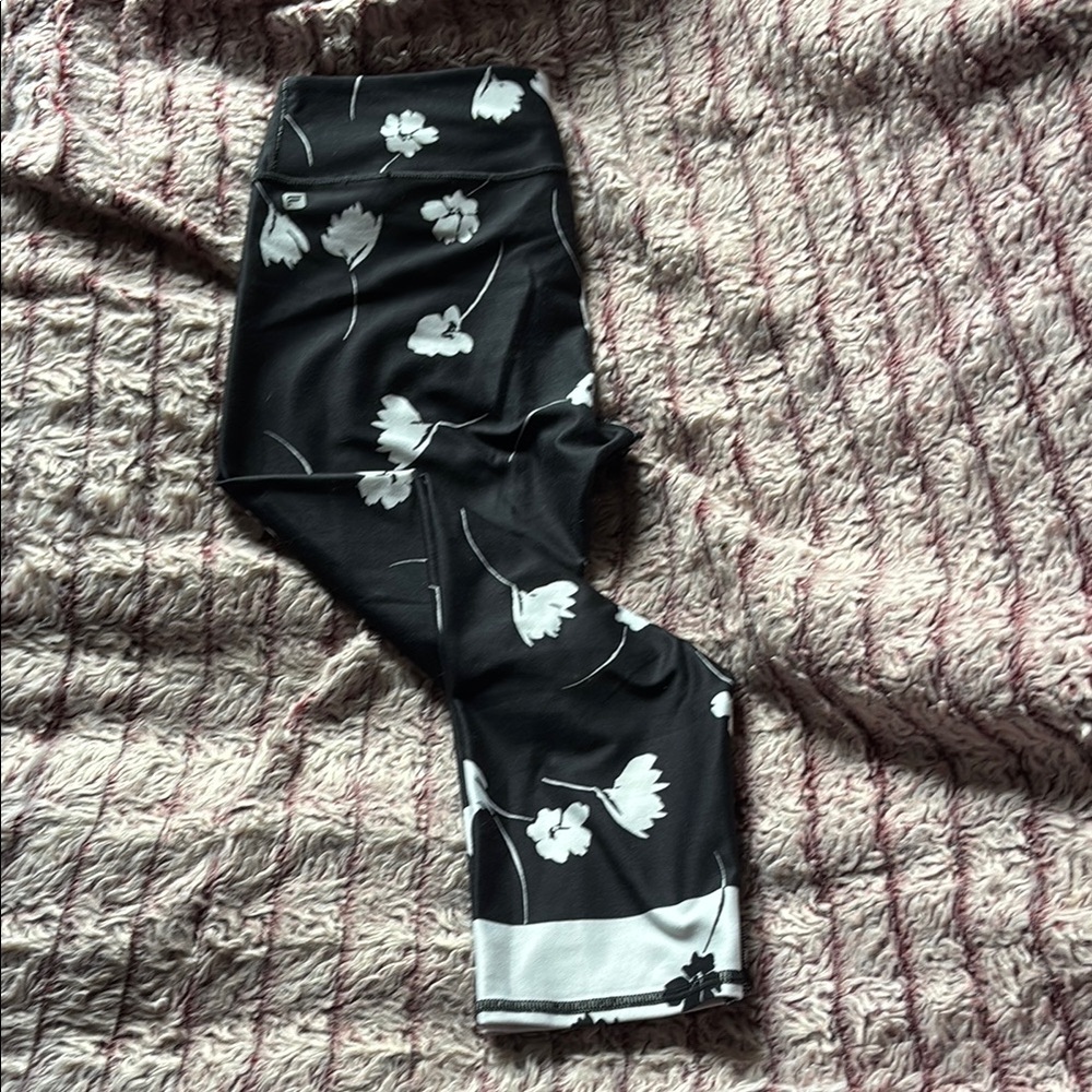 Fabletics Black and White Capri Leggings with Floral Pattern